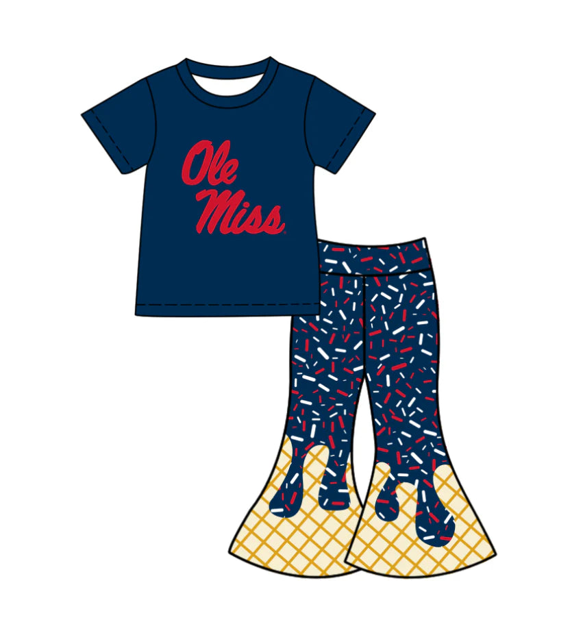 X12.1Preorder (moq 5)Baby Girls Navy Ole Miss Top Drip Sprinkles Bell Bottom Pants Team Clothes Sets