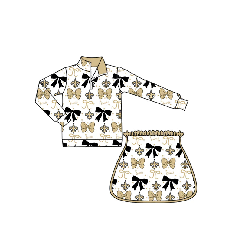 X903Preorder (moq 5)Baby Girls LSU Purple Bows Team Zip Pullovers Skort Team Clothes Sets