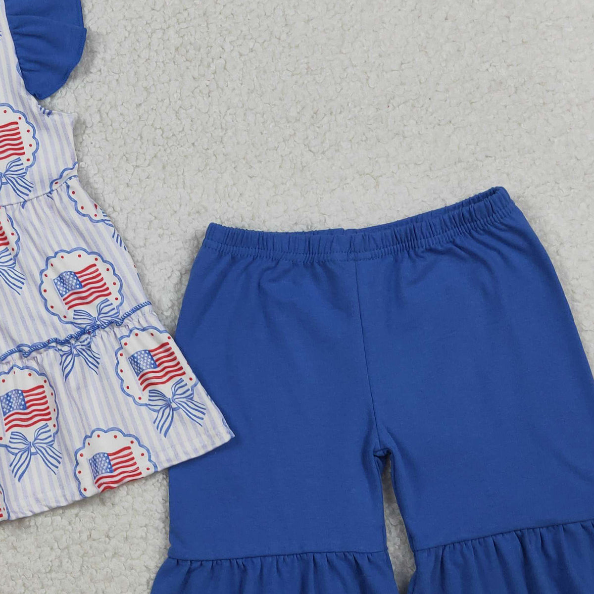 3.28 GSSO3296 Baby Girls Blue Stripe Bows Flags Tunic Ruffle Short 4th of July Clothes Sets