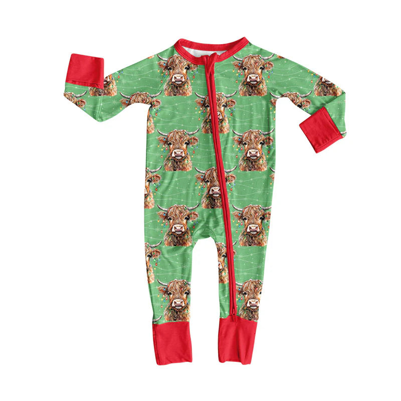 X923Preorder (moq 5)Baby Boys Lights Highland Cows Christmas Zipper Footie Rompers