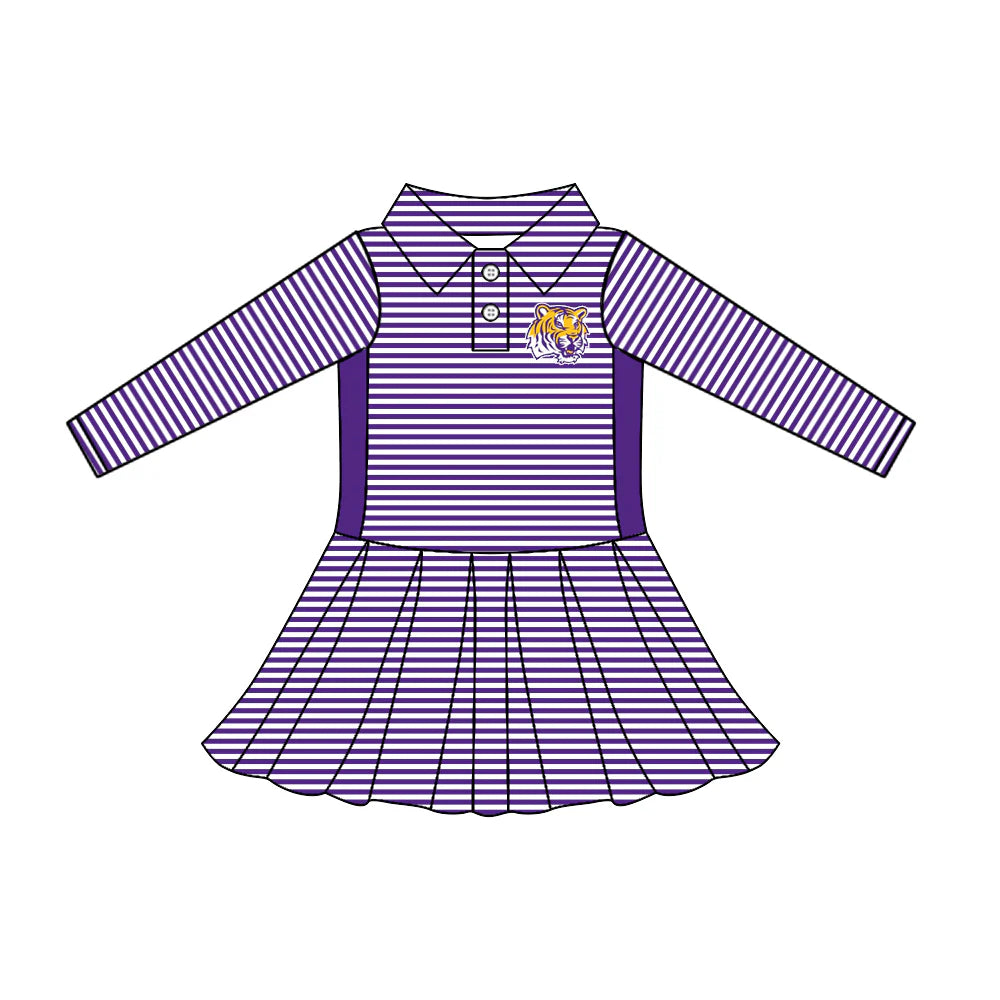 7.30Preorder (moq 5)Baby Girls Long Sleeve Stripe Button LSU Tiger Team Knee Length Dresses
