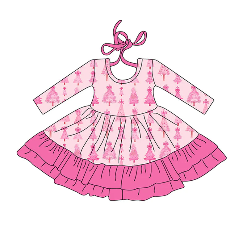 7.23Preorder (moq 5)Baby Girls Long Sleeves Pink Bows Christmas Trees Ruffle Knee Length Dress