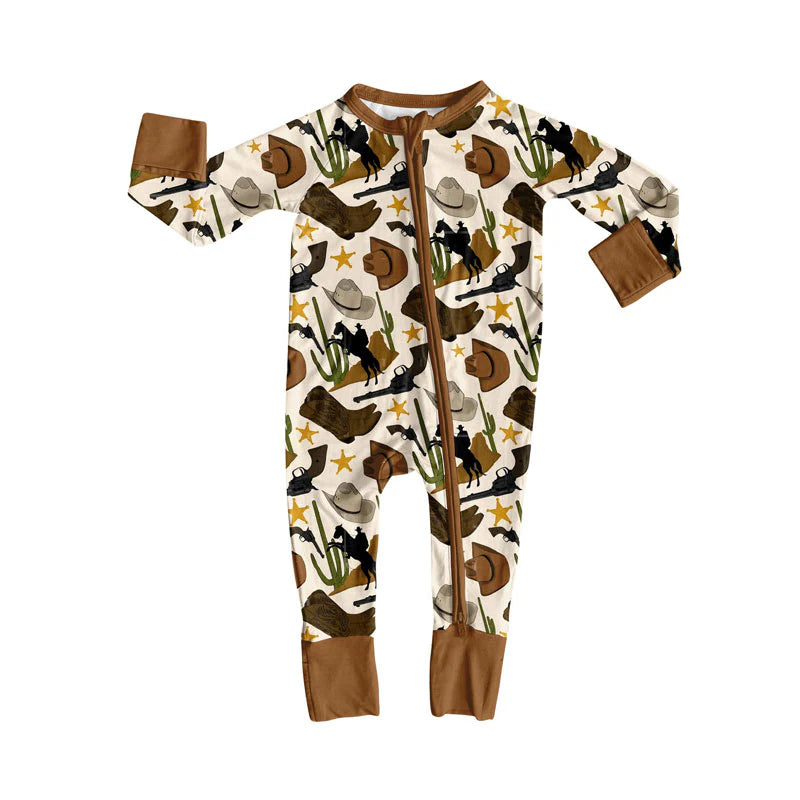 X101Preorder (moq 5)Baby Boys Hats Horse Rodeos Western Zipper Footie Rompers