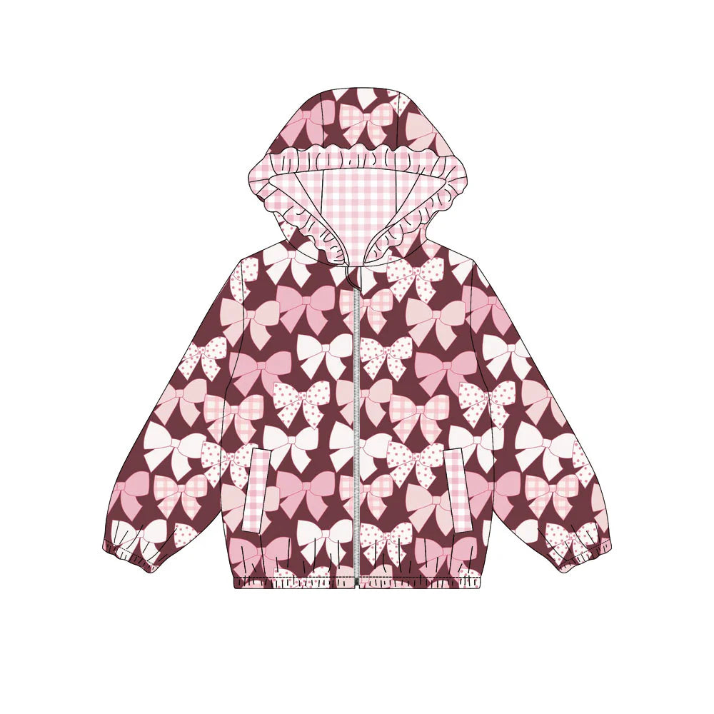 X908Preorder (moq 5)Baby Girls Pink Bows Pockets Zipper Valentine Ruffle Hoodies Top