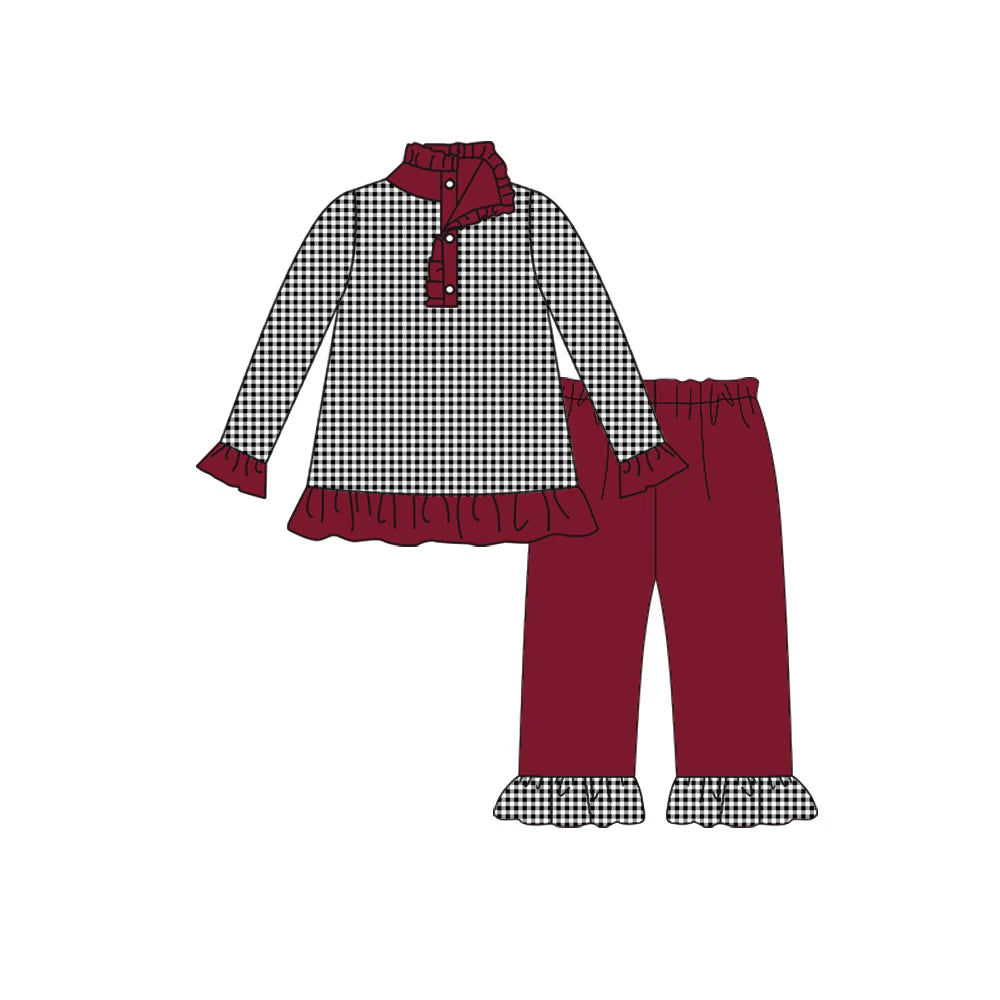 8.9preorder(moq 5) Baby Girls Fall Football Team Black Checkered Pullover Top Wine Pants Clothing Sets