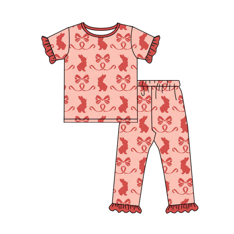 X919Preorder (moq 5)Baby Girls Red Bows Rabbits Top Ruffle Pants Easter Pajamas Sets
