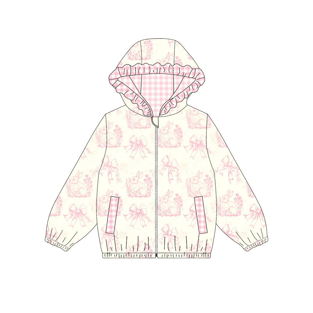 X923Preorder (moq 5)Baby Girls Pink Flowers Rabbits Pockets Zipper Easter Ruffle Hoodies Jackets Top