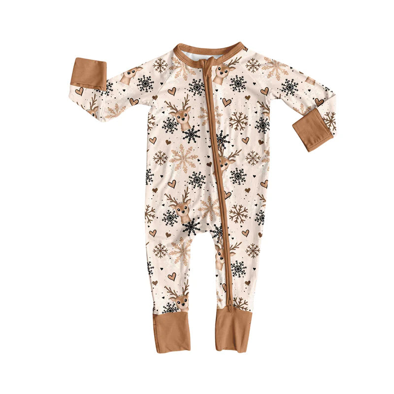 8.12Preorder(moq 5)Baby Boys Deer Snowflake Zipper Footie Rompers