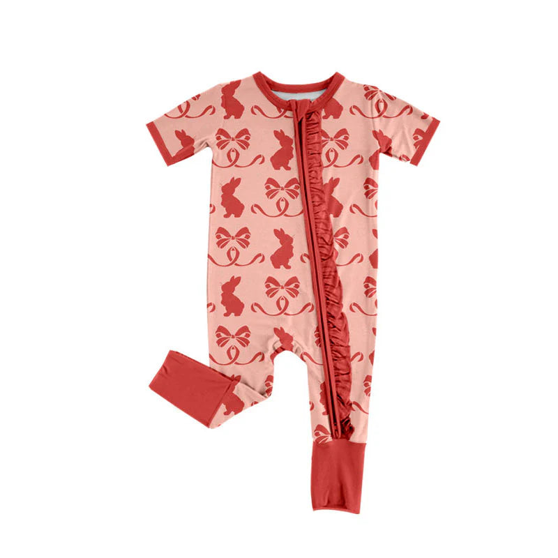 X919 Preorder (moq 5)Baby Girls Red Bows Rabbits Easter Ruffle Zipper Footie Rompers