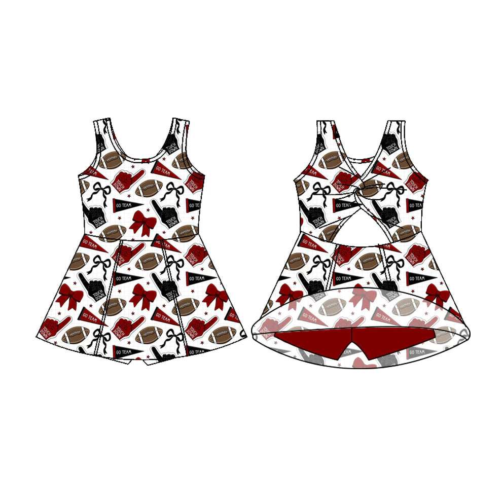 7.22Preorder (moq 5)Baby Girls Sleeveless Red Black Bows Footballs Shorts Team Knee Length Dress