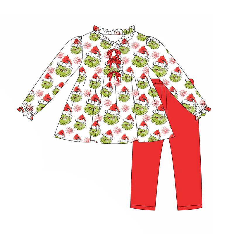 8.8Preorder(moq 5) Baby Girls Green Face Snowflake Button Tunic Legging Pants Christmas Set