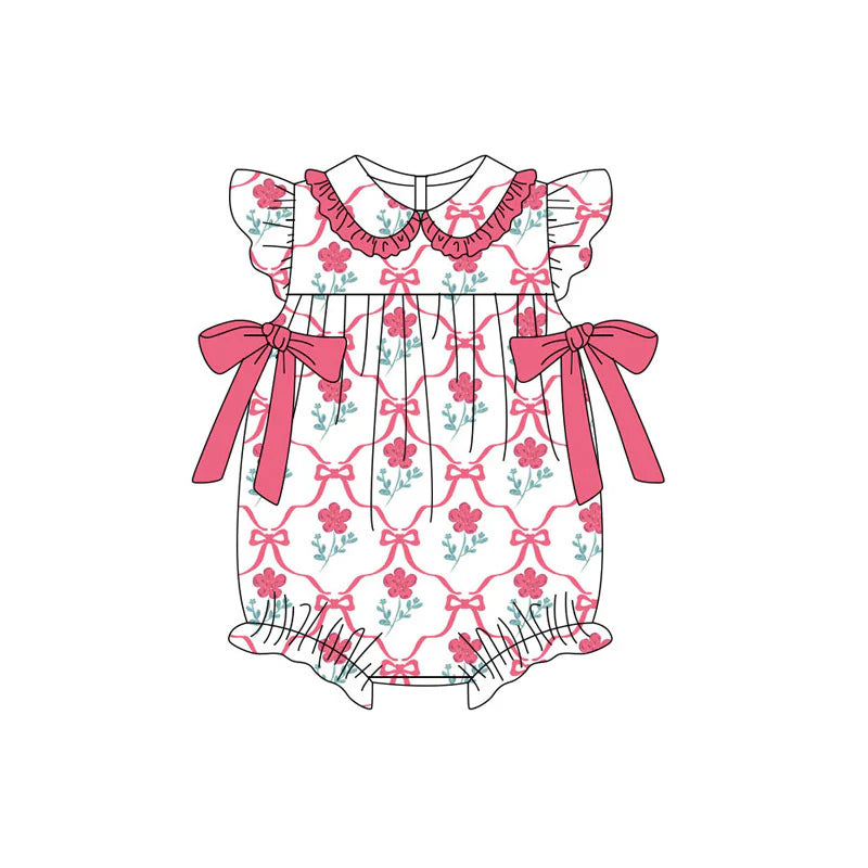 X11.21 Preorder (moq 5)Baby Girls Flutter Sleeve Pink Flowers Bows Checked Ruffle Collar Rompers