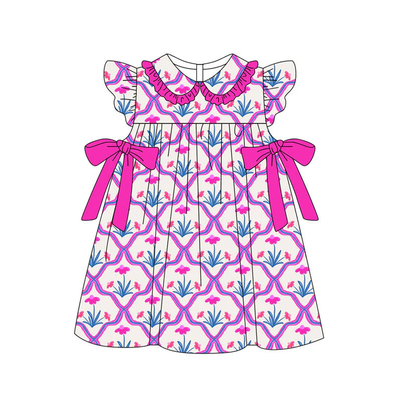 X11.21 Preorder(moq 5) Baby Girls Hot Pink Flowers Checked Bows Collar Knee Length Dresses