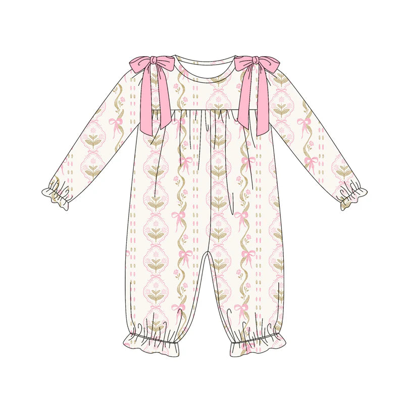 7.12Preorder (moq 5)Baby Girls Long Sleeves Pink Bows Flowers Stripe Ruffle Pant Romper