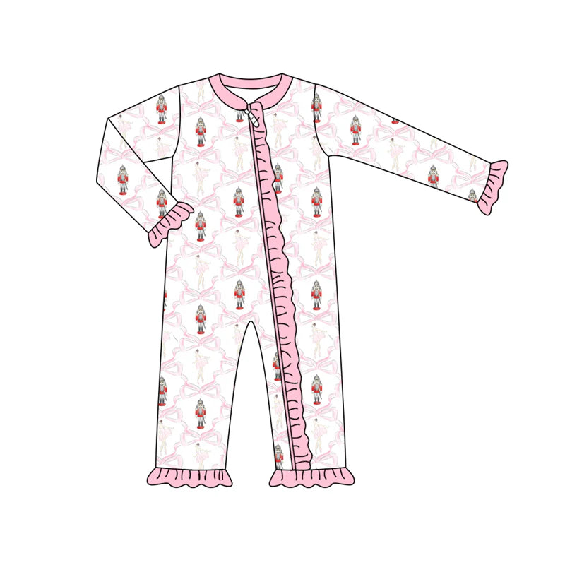 7.12Preorder (moq 5)Baby Girls Long Sleeves Pink Bows Soldiers Ruffle Zipper Romper