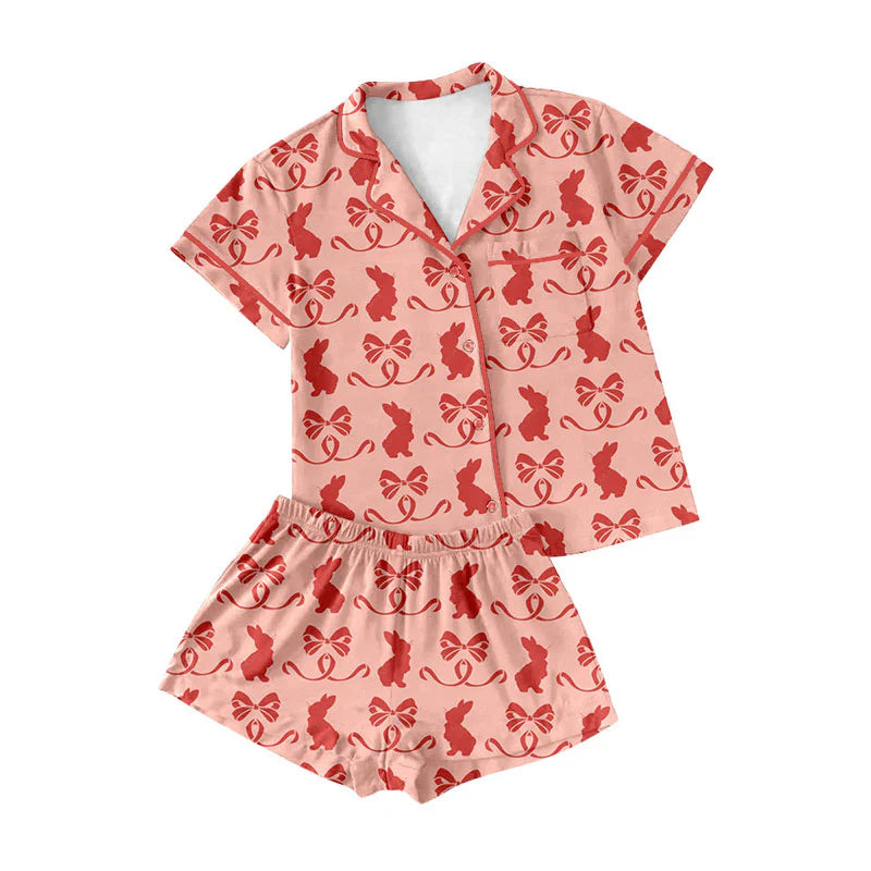 X920Preorder (moq 5)Baby Girls Red Bows Rabbits Button Pocket Top Shorts Easter Pajamas Sets