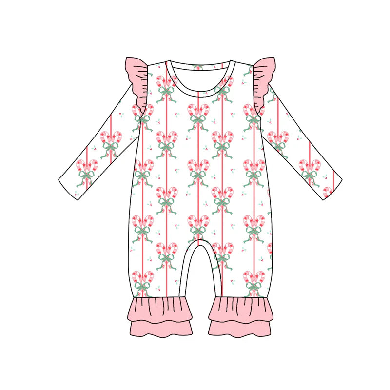 7.12Preorder (moq 5)Baby Girls Long Sleeves Pink Bows Candy Cane Stripe Ruffle Pant Romper