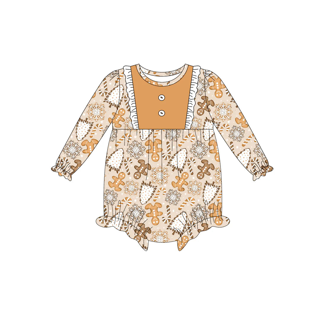 7.12Preorder (moq 5)Baby Girls Long Sleeves Button Gingerbread Trees Plaid Ruffle Romper