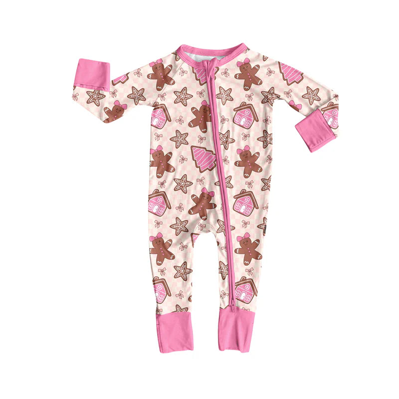 7.12Preorder (moq 5)Baby Girls Long Sleeves Pink Gingerbread Plaid Zipper Pant Romper