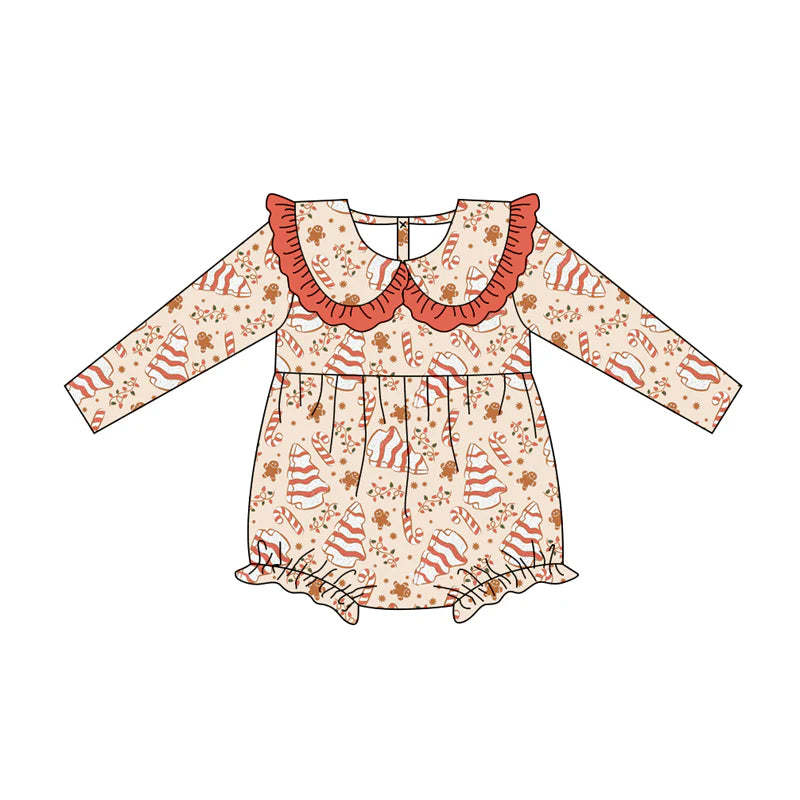 7.12Preorder (moq 5)Baby Girls Long Sleeves Candy Cane Trees Lights Ruffle Romper