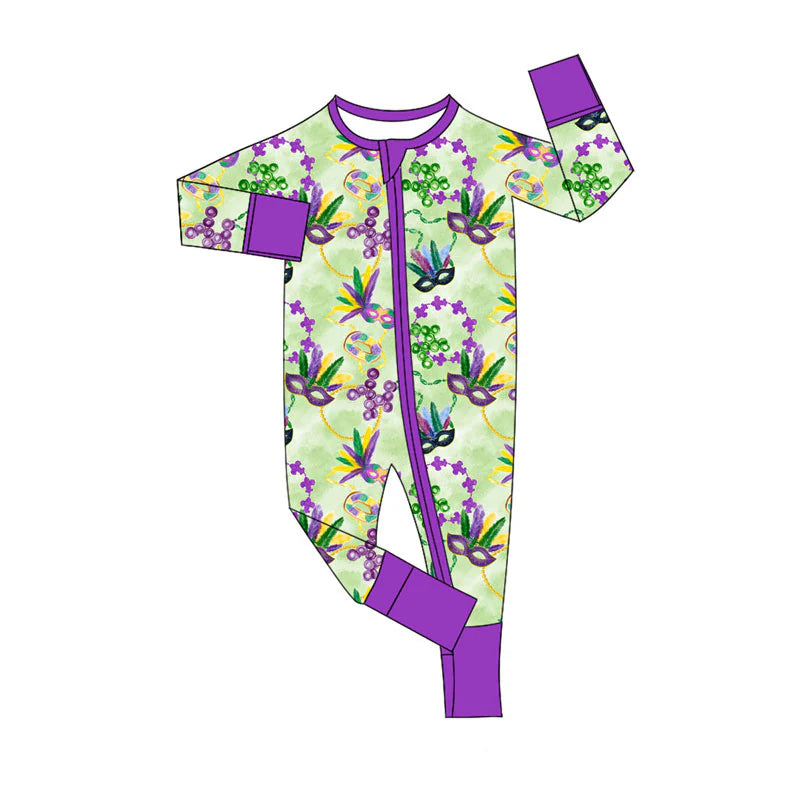 X924Preorder (moq 5)Baby Boys Bows Anchors Masks Mardigras Zipper Footie Rompers