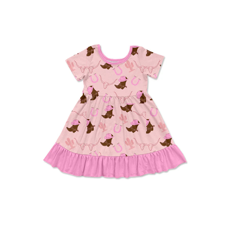 X1.15 Preorder (moq 5)Baby Girls Hat Boots Bull Skulls Western Ruffle Knee Length Dresses