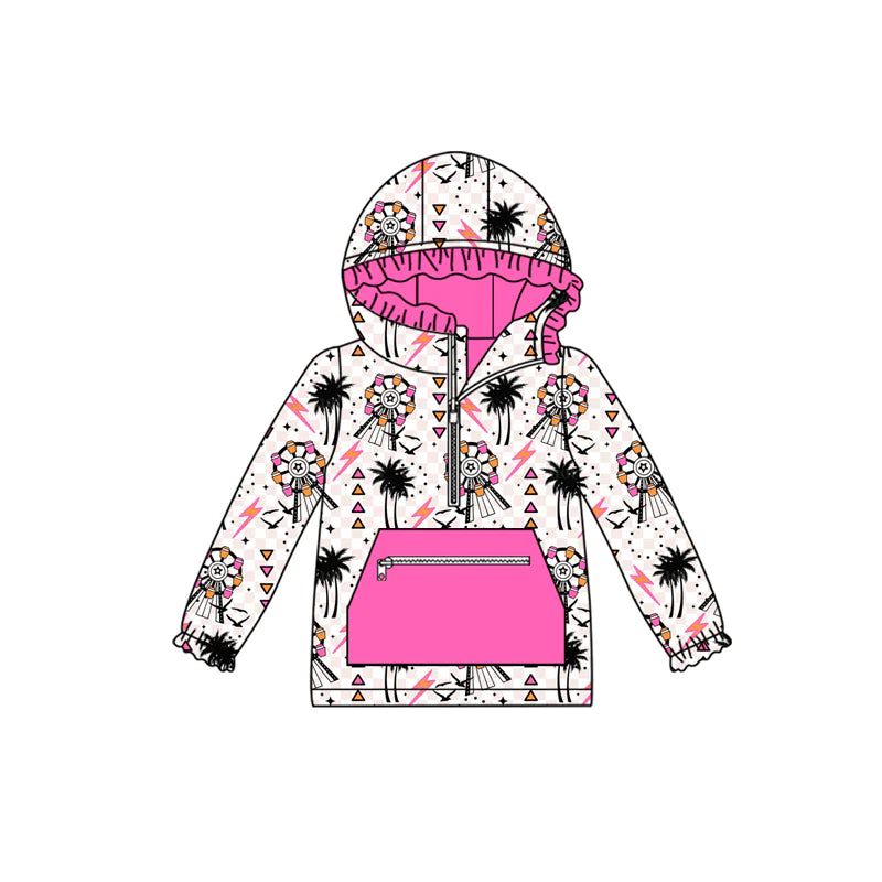 8.1preorder(moq 5) Baby Girls Long Sleeves Pink Windmills Beach Pocket Zipper Hoodies Top