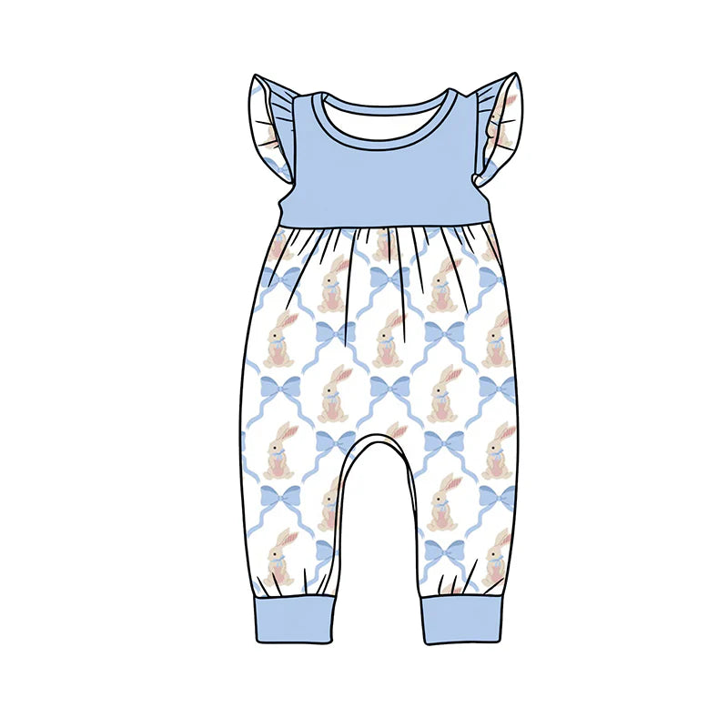 X12.16 Preorder (moq 5)Baby Girls Flutter Sleeve Blue Bows Rabbits Checked Easter Footie Rompers