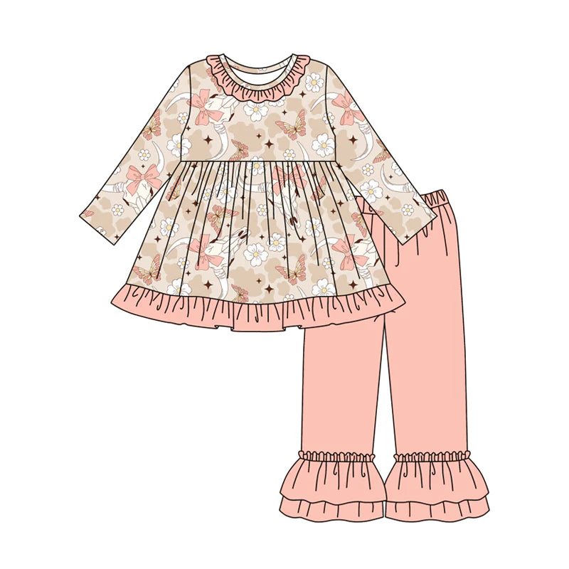 8.2Preorder (moq 5)Baby Girls Peach Camo Bull Skull Flowers Tunic Ruffle Pant Set