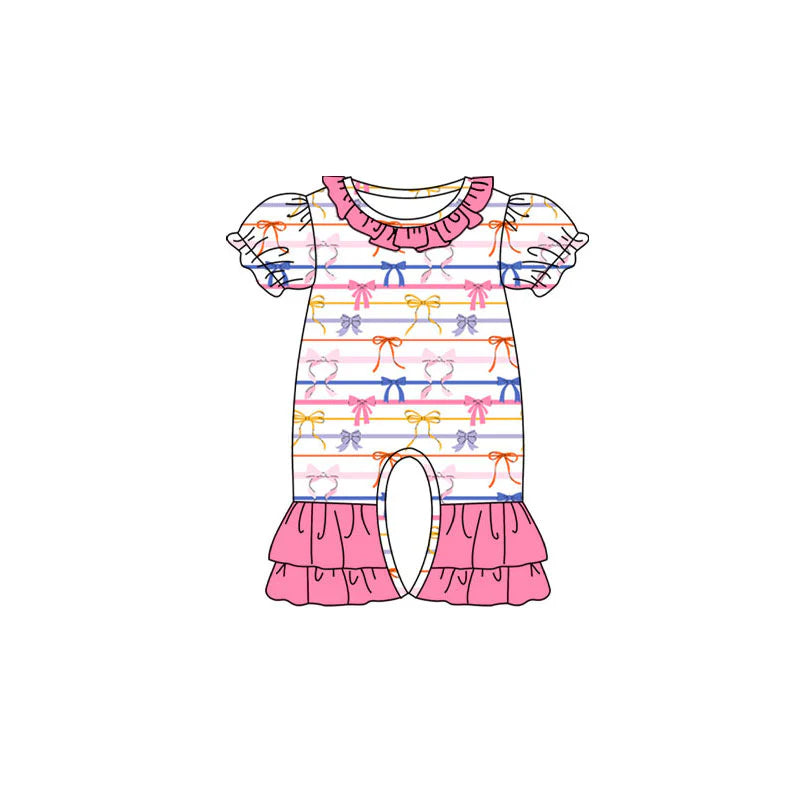 X920 Preorder (moq 5)Baby Girls Colorful Bows Stripe Ruffle Footie Rompers