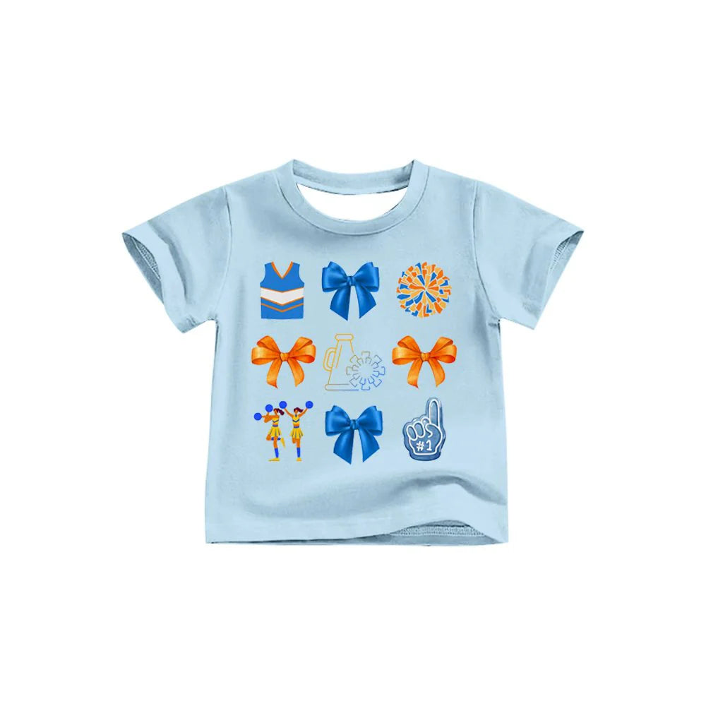 X8.14Girls Blue Bows Cheer Team Short Sleeve Tee Shirts Tops
