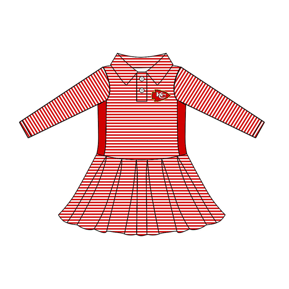 7.30Preorder (moq 5)Baby Girls Long Sleeve Stripe Button KC Team Knee Length Dresses