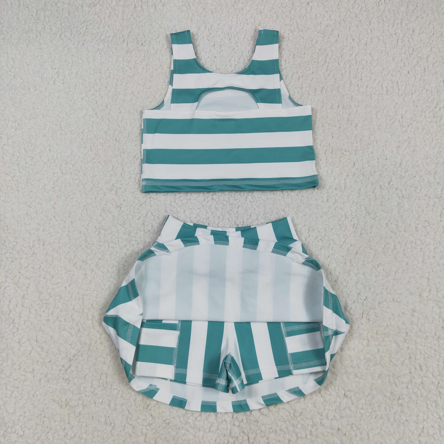 5.10 GSD2432 Green and white striped sleeveless vest and skirt yoga set