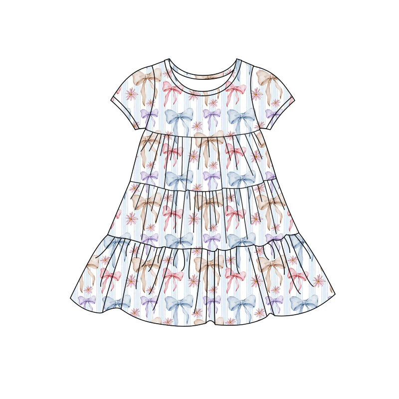 X11.20Preorder(moq 5) Baby Girls Colorful Bows Stripe Patchwork Ruffle Knee Length Dresses