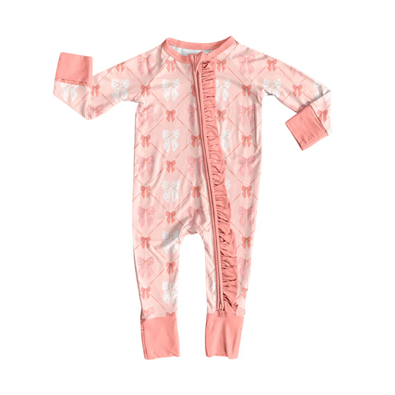8.13Preorder(moq 5)Baby Girls Coral Bows Ruffle Zipper Footie Rompers