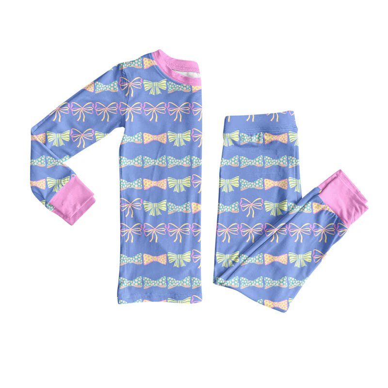 8.11Preorder(moq 5) Baby Girls Pink Colorful Bows Top Pants Lounge Wear Pajamas Sets