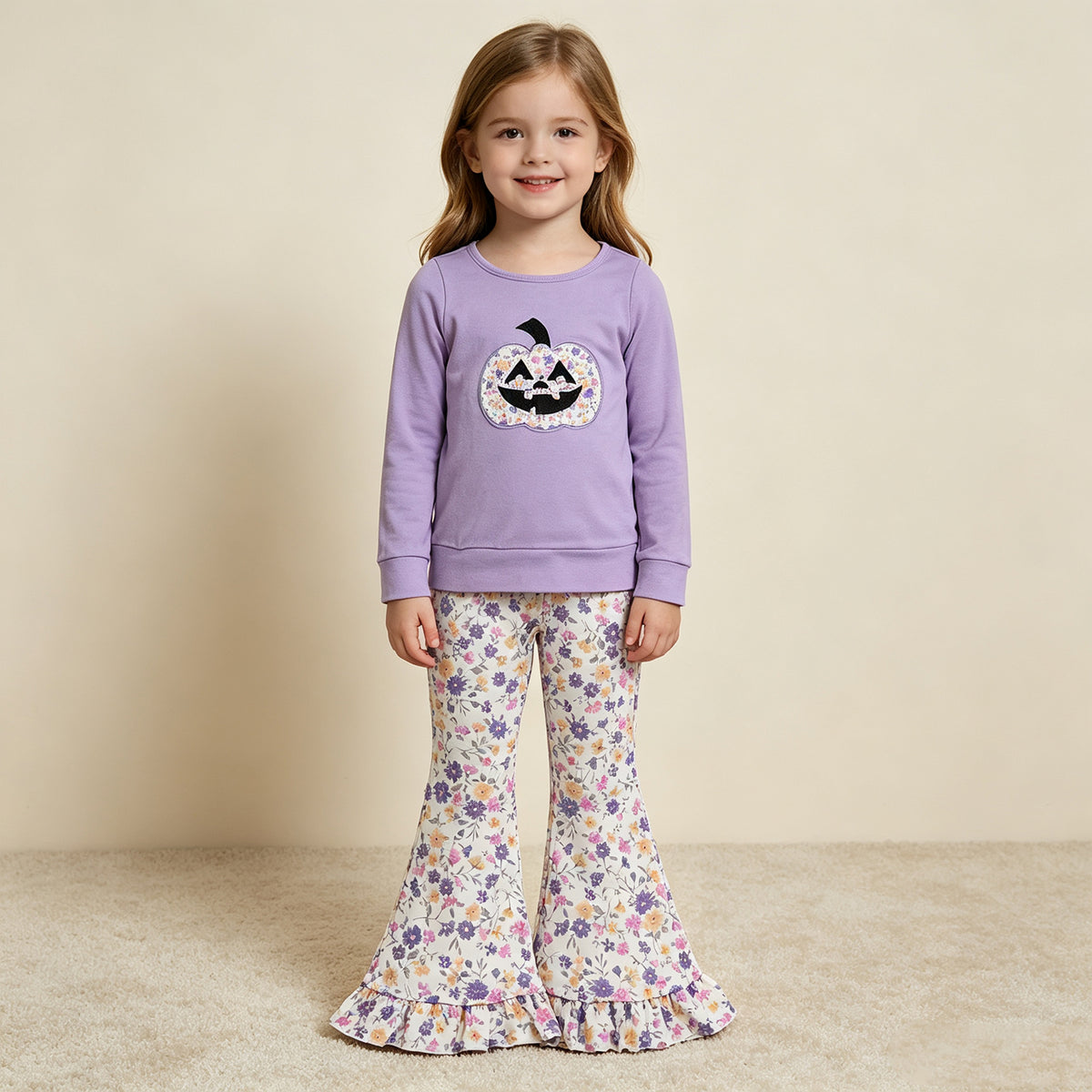 NEW RTS NO MOQ milk silk GLP3618 Embroidery Flowers Ghost Pumpkins Baby Girls Ruffle Bell Bottom Pant Halloween Set