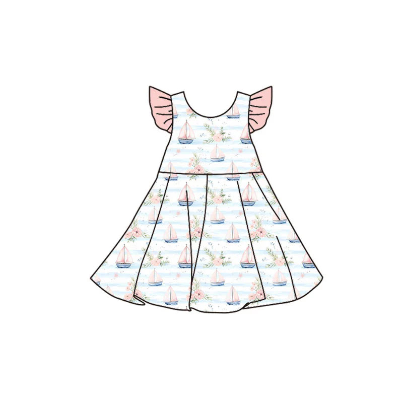 X11.19Preorder(moq 5) Baby Girls Flutter Sleeve Flowers Boats Stripe Knee Length Dresses