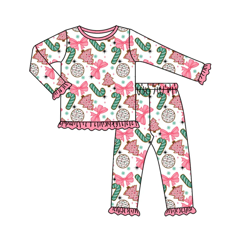X917Preorder (moq 5)Baby Girls Long Ruffle Sleeves Bows Candy Cane Top Pants Pajamas Set