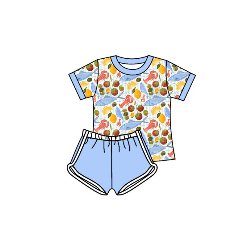 X11.19Preorder(moq 5) Baby Girls Crayfishes Fishes Top Shorts Clothes Sets