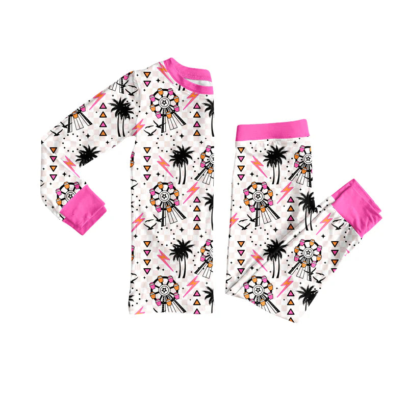8.1preorder(moq 5) Baby Girls Long Sleeves Pink Windmills Beach Top Pants Pajamas Set