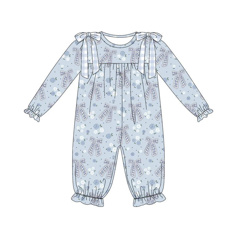 8.9Preorder(moq 5)Baby Infant Girls Blue Bows Flowers Plaid Ruffle Pant Rompers