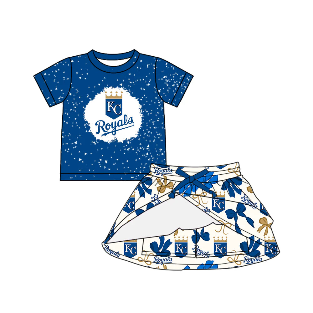 6.28Preorder (moq 5)Baby Girls Hot Blue Short Sleeves KC Top Bows Plaid Skort Team Set