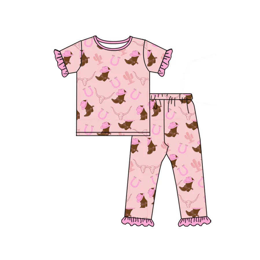 X1.15 Preorder (moq 5)Baby Girls Hat Boots Bull Skulls Top Ruffle Pants Western Pajamas Sets