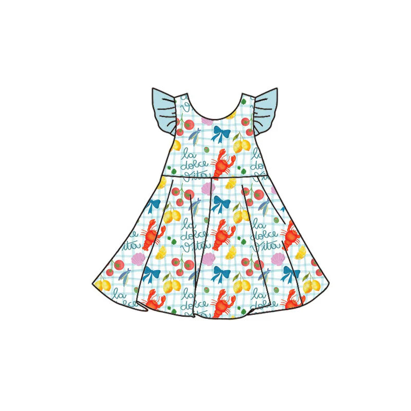X11.19Preorder(moq 5) Baby Girls Flutter Sleeve Crayfishes Lemons Checked Knee Length Dresses