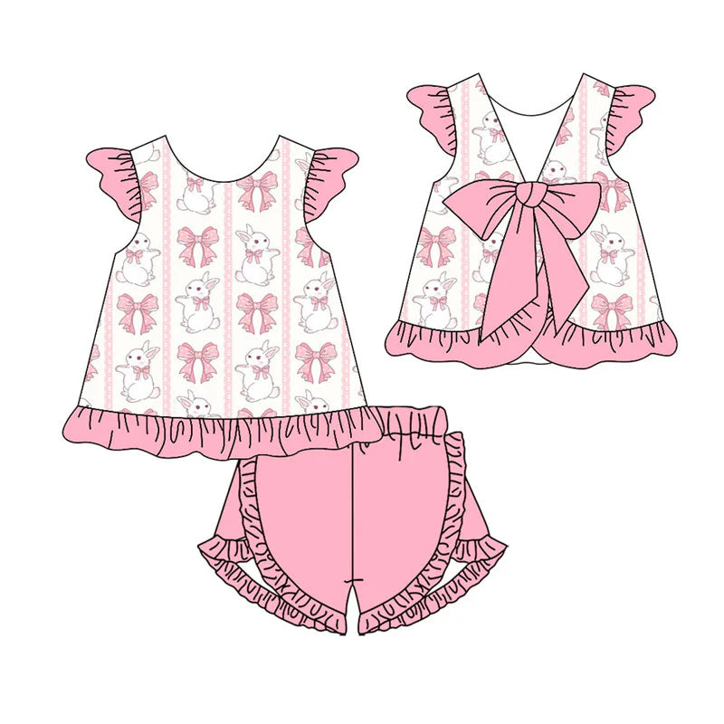 X11.17Preorder(moq 5) Baby Girls Pink Bows Rabbits Stripe Tunic Ruffle Shorts Easter Clothes Sets
