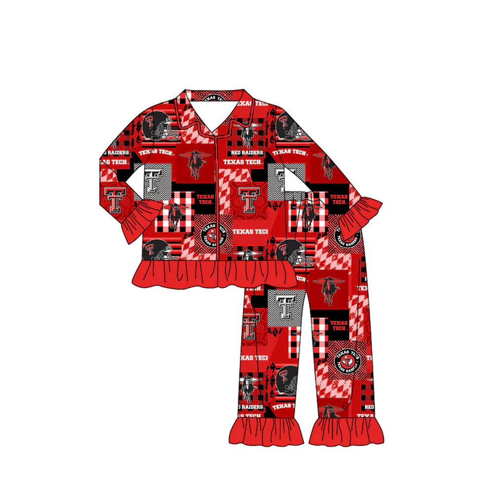 X903Preorder moq 5 Baby Girls Texas Tech Team Buttons Red Grey Top Pants Pajamas Clothes Sets