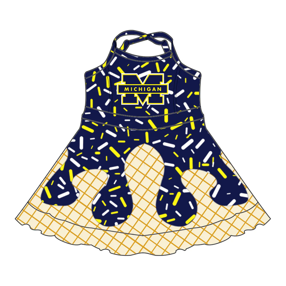 7.3Preorder (moq 5)Baby Girls Strap Navy Michigan Drip Shorts Ruffle Team Knee Length Dresses