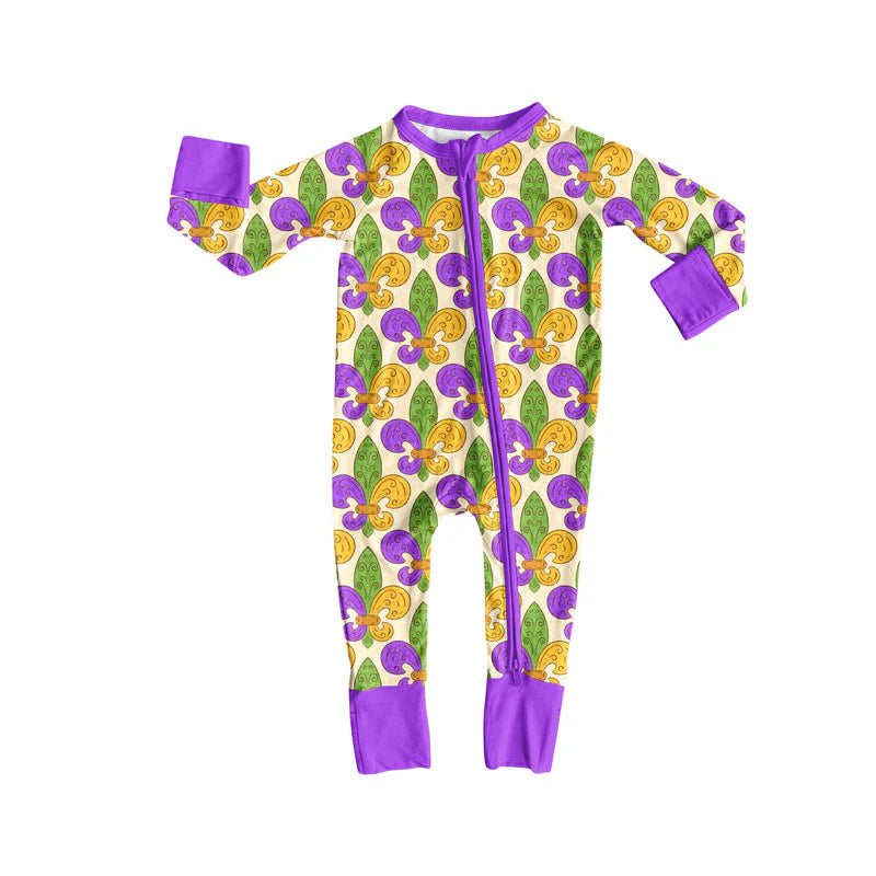 X927Preorder (moq 5)Baby Boys Purple Yellow Green Mardigras Zipper Footie Rompers