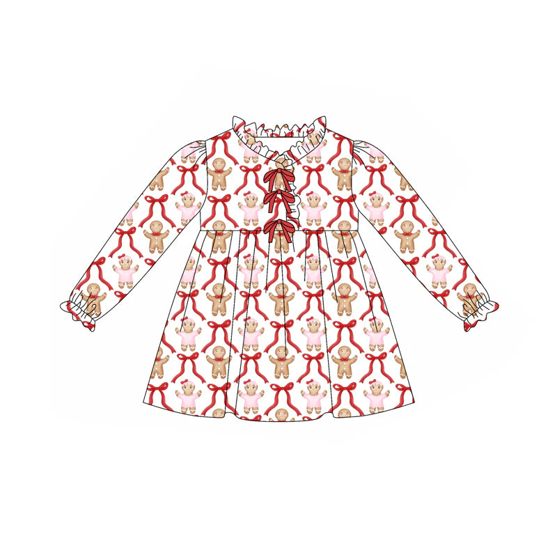 X8.15Baby Girls Christmas Gingerbread Bows Ruffle Knee Length Dresses